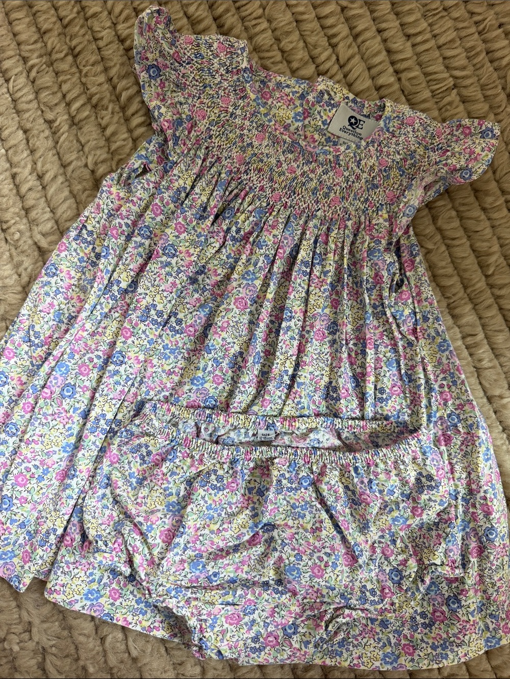Blue & Pink Floral Smocked Girls' Formal Dress with Bloomers